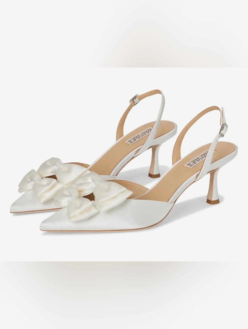 Size9  Badgley  Mischka. White Satin Slingback Heels with Bow Detail Retail 202$